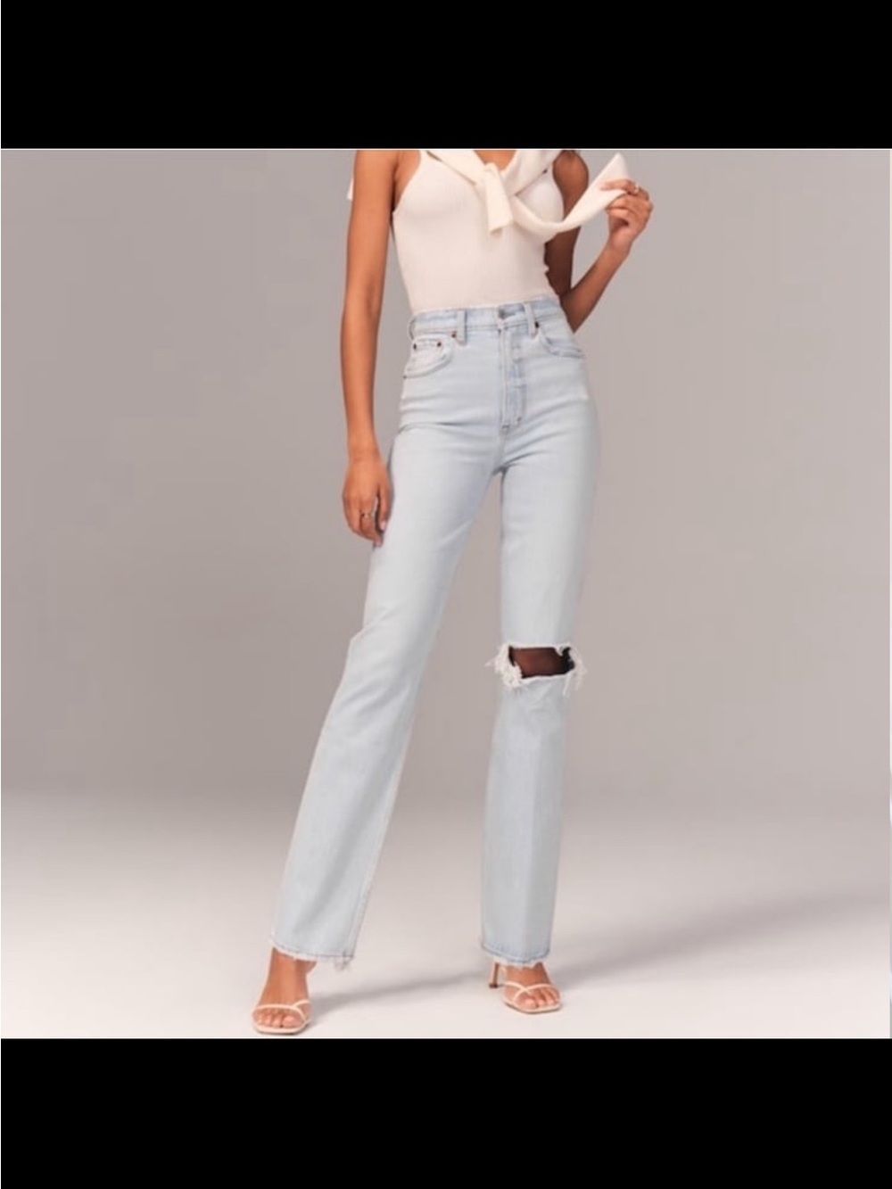 Abercrombie & Fitch Light Blue High-Rise Straight Jeans with Knee Rip